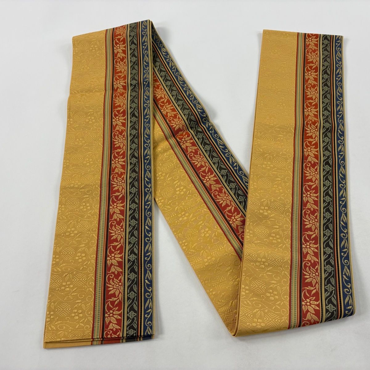  半幅帯 秀品 花唐草 縞 薄オレンジ 正絹 半巾 半幅 小袋帯 帯