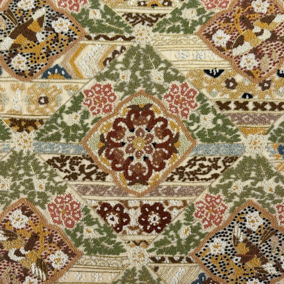 袋帯 菱 花鳥 相良刺繍 金糸 ベージュ 全通 正絹