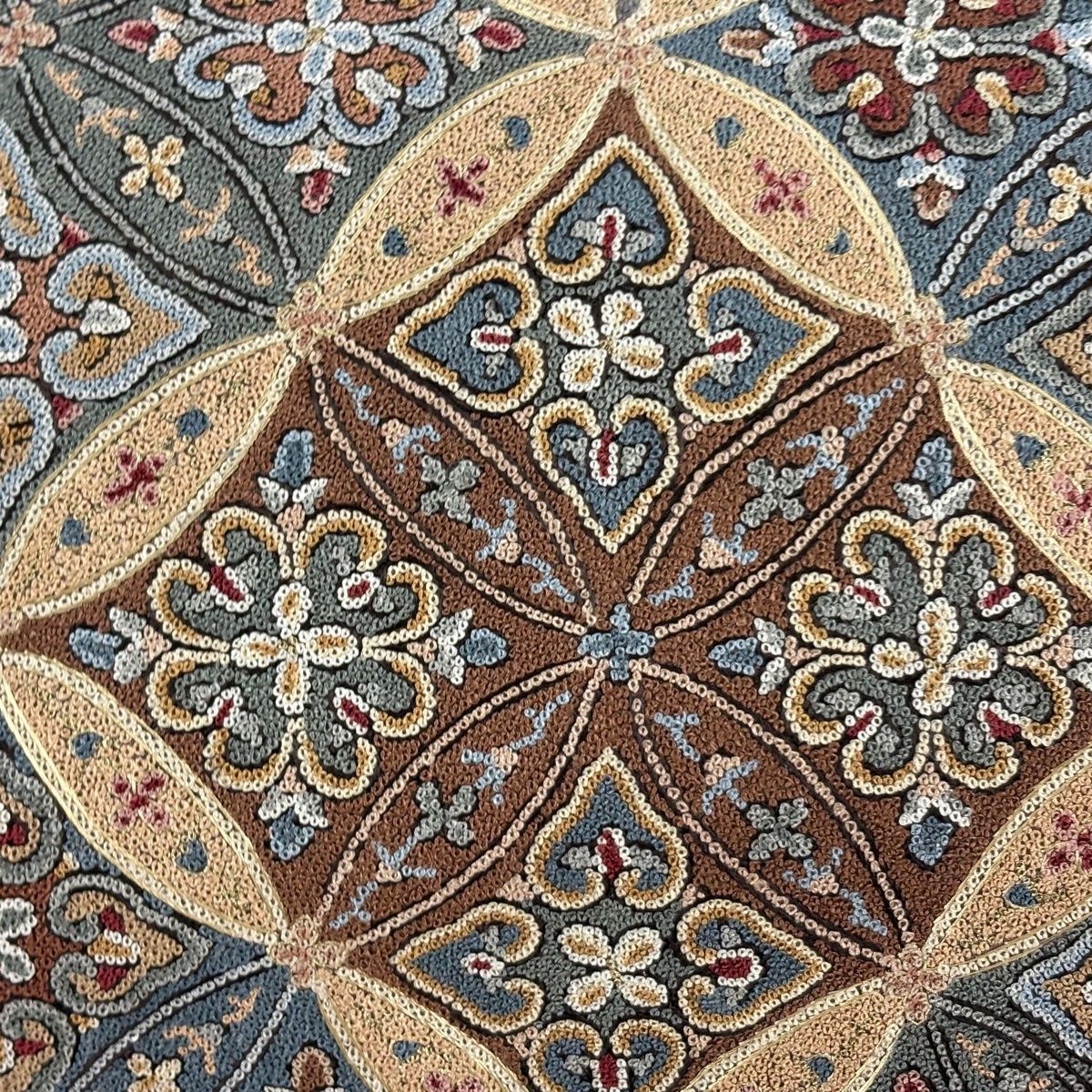 袋帯 七宝 華文 相良刺繍 金糸 薄茶色 六通 正絹