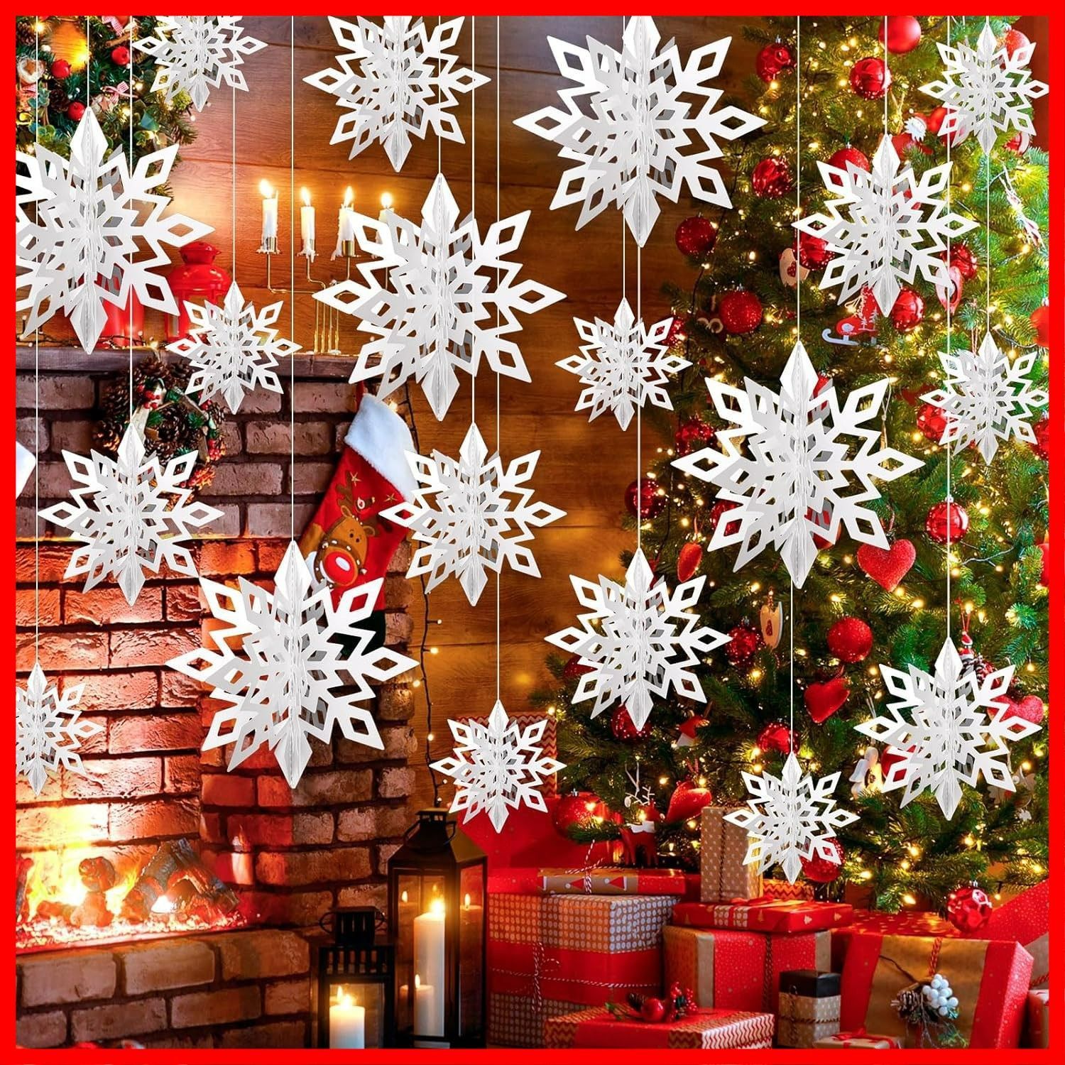 立体3Dグリッター雪の結晶12個 吊り下げガーランド1本（雪の結晶12個