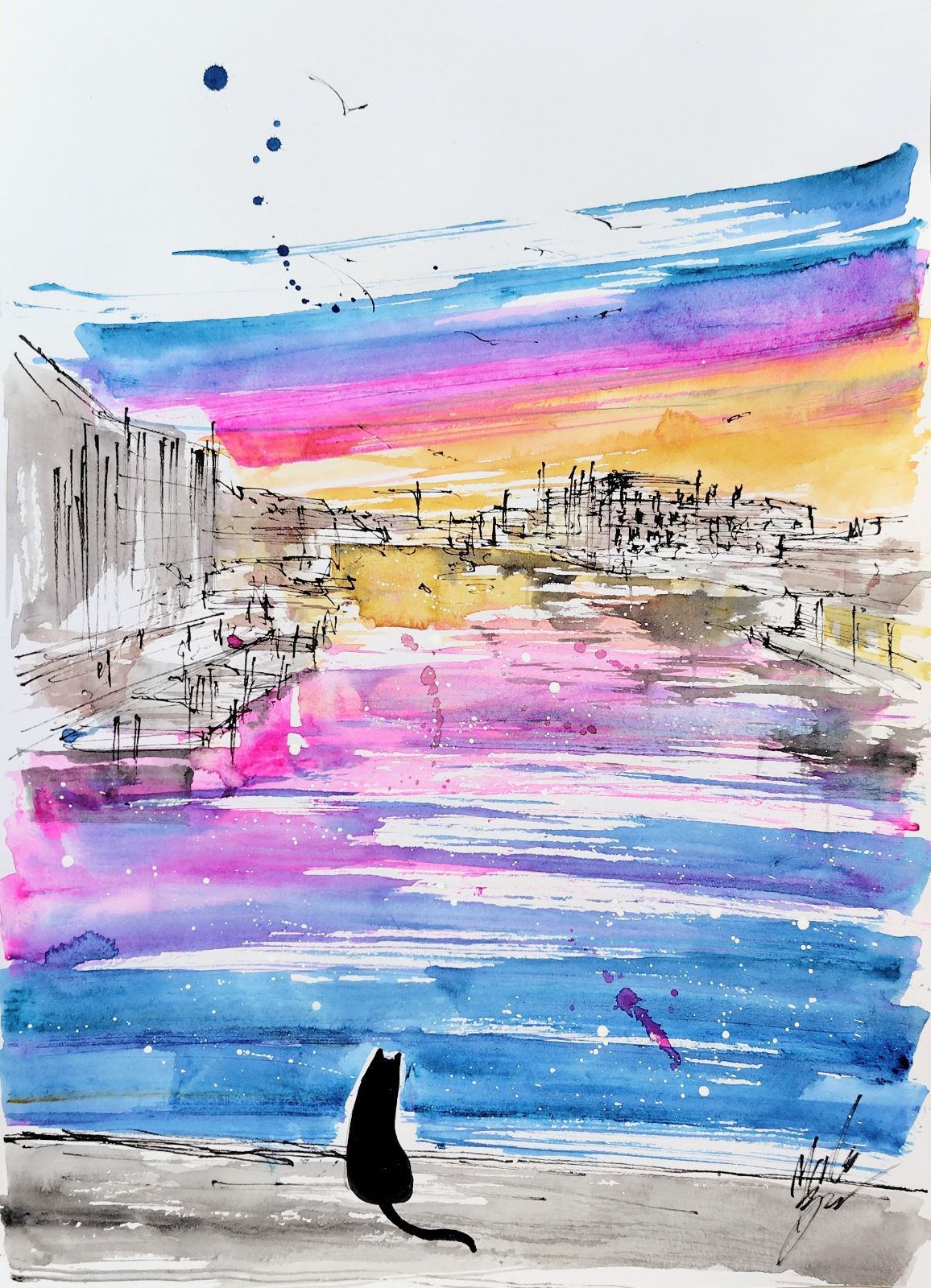 原画#1 黒猫 猫 夕暮れ ベネチア イタリア ドローイング 水彩画 アート