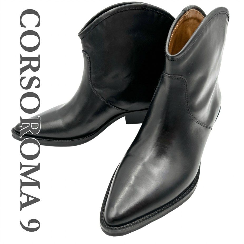 級 9 ショートブーツ 本革 イタリア製 ビブラムソール ポインテッドトゥ ブラック 1747 T