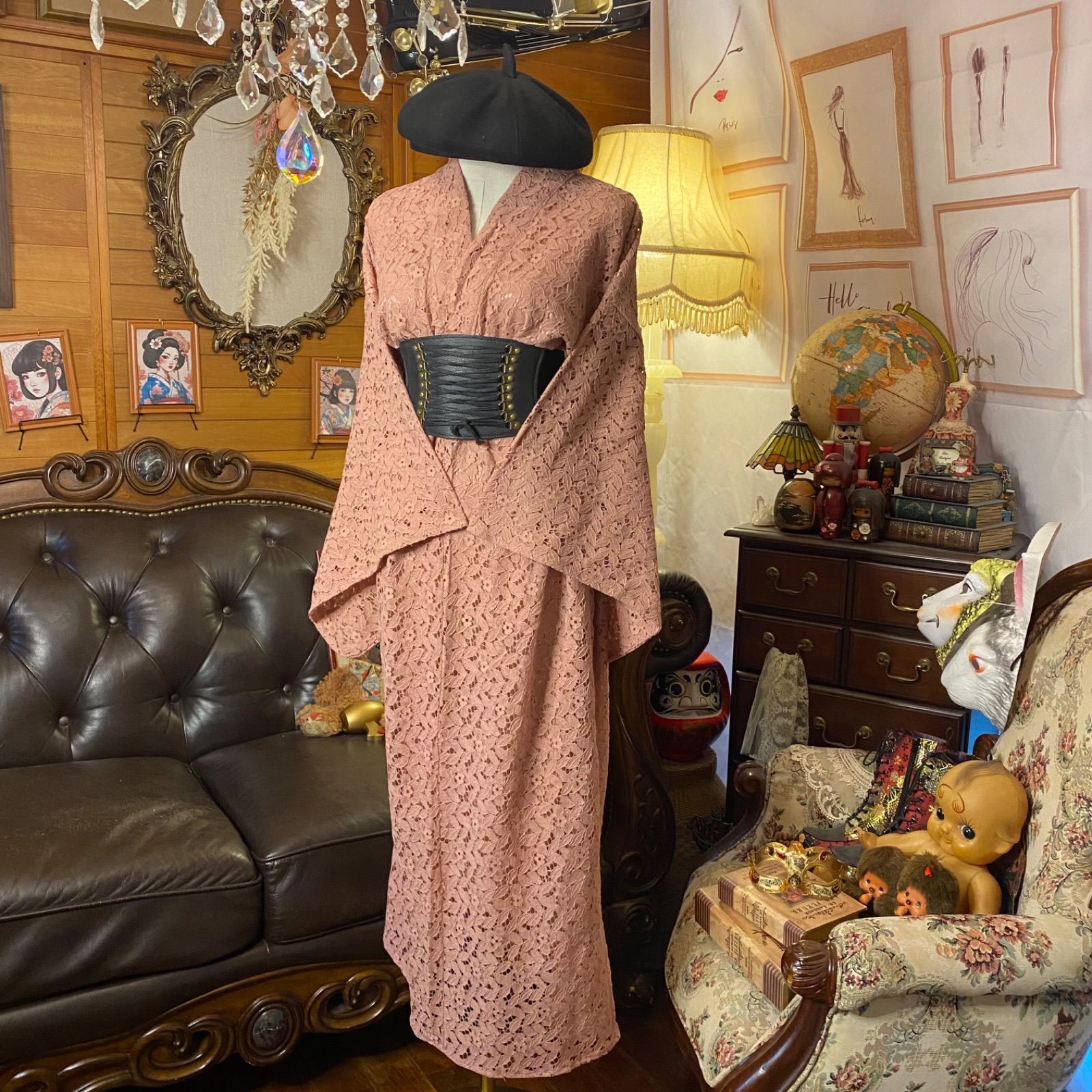  和洋折衷 総レース浴衣 リメイク ロング丈 ワンピース ドレス 和ロリータ ピンク系 LW 1 浴衣単品 浴衣