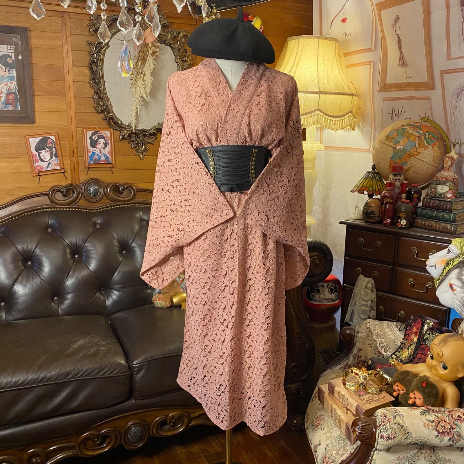 和洋折衷 総レース浴衣 リメイク セミロング丈 ワンピース ドレス 和ロリータ くすみピンク系 LW-2