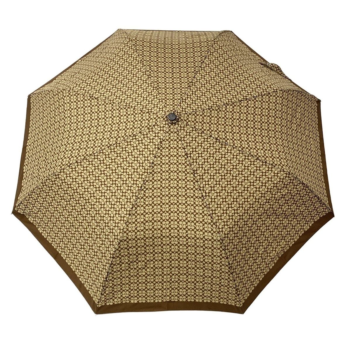 COACH コーチ 折りたたみ傘 - カーキ×ダークブラウン ミニシグネチャー柄|ワンタッチ式