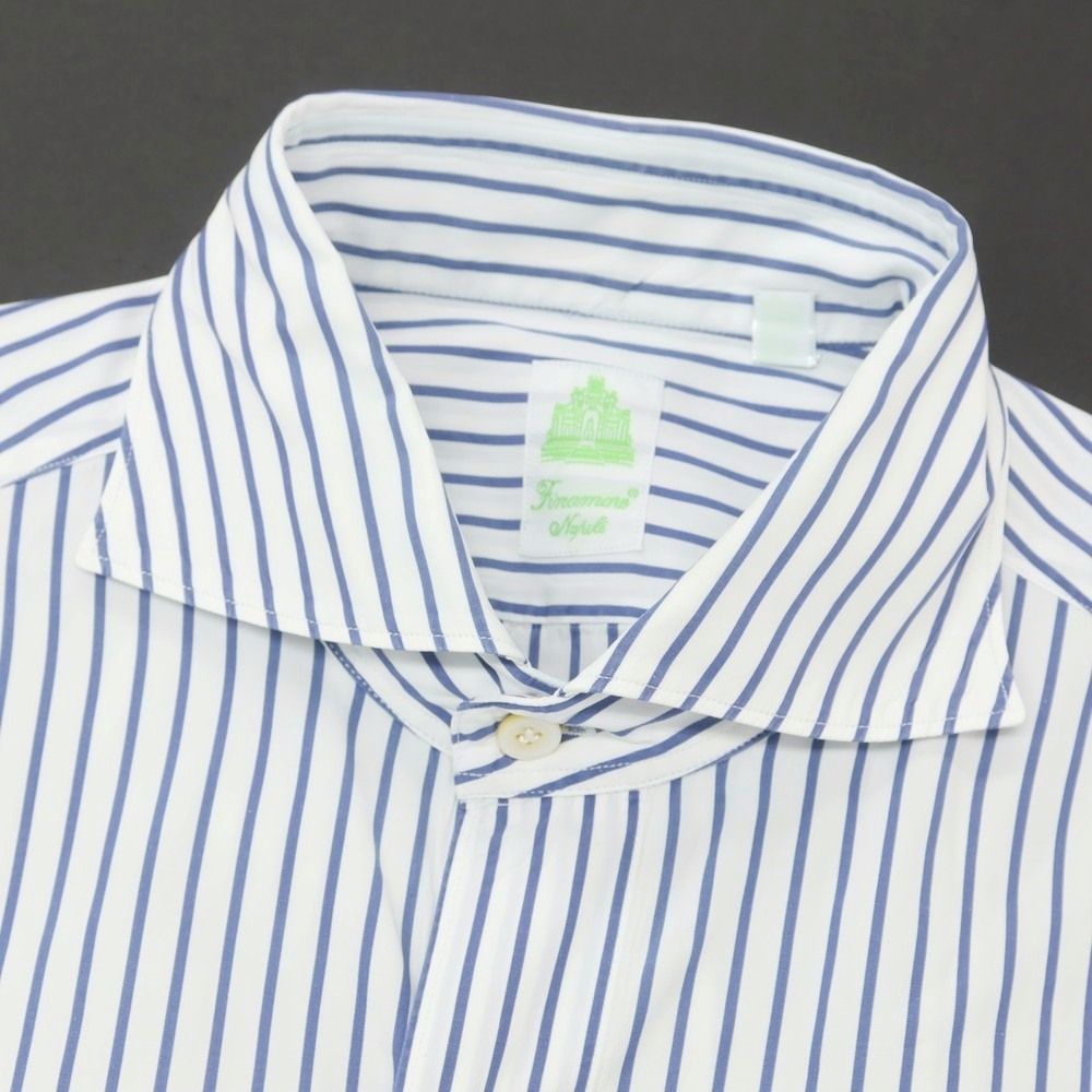 専用【美品】フィナモレ 長袖シャツ コットン ホリゾンタルカラー 白 S 中古】フィナモレ Finamore コットン ストライプ ホリゾンタルカラー