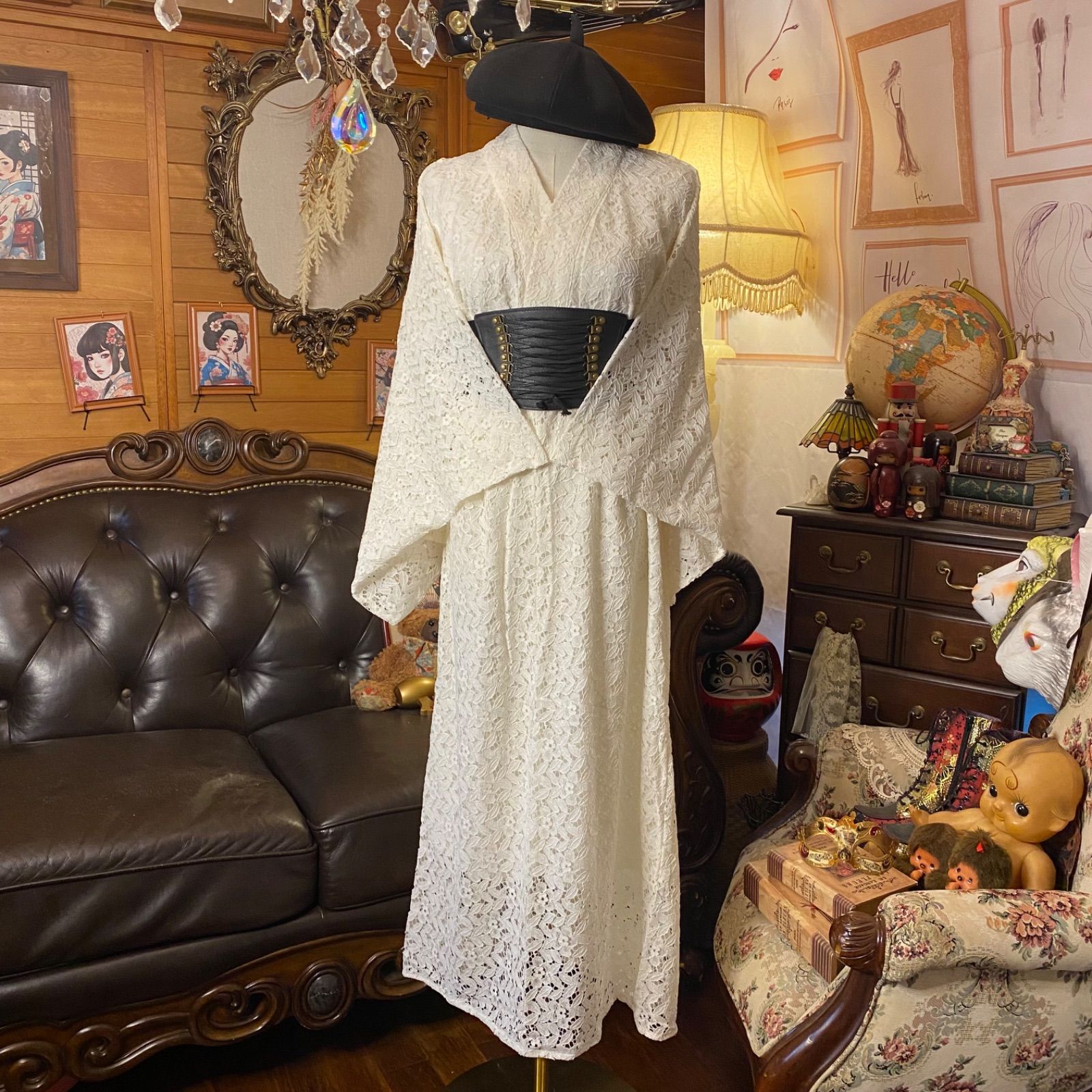 和洋折衷 総レース浴衣 リメイク ロング丈 ワンピース ドレス 和ロリータ アイボリー系 LW-3