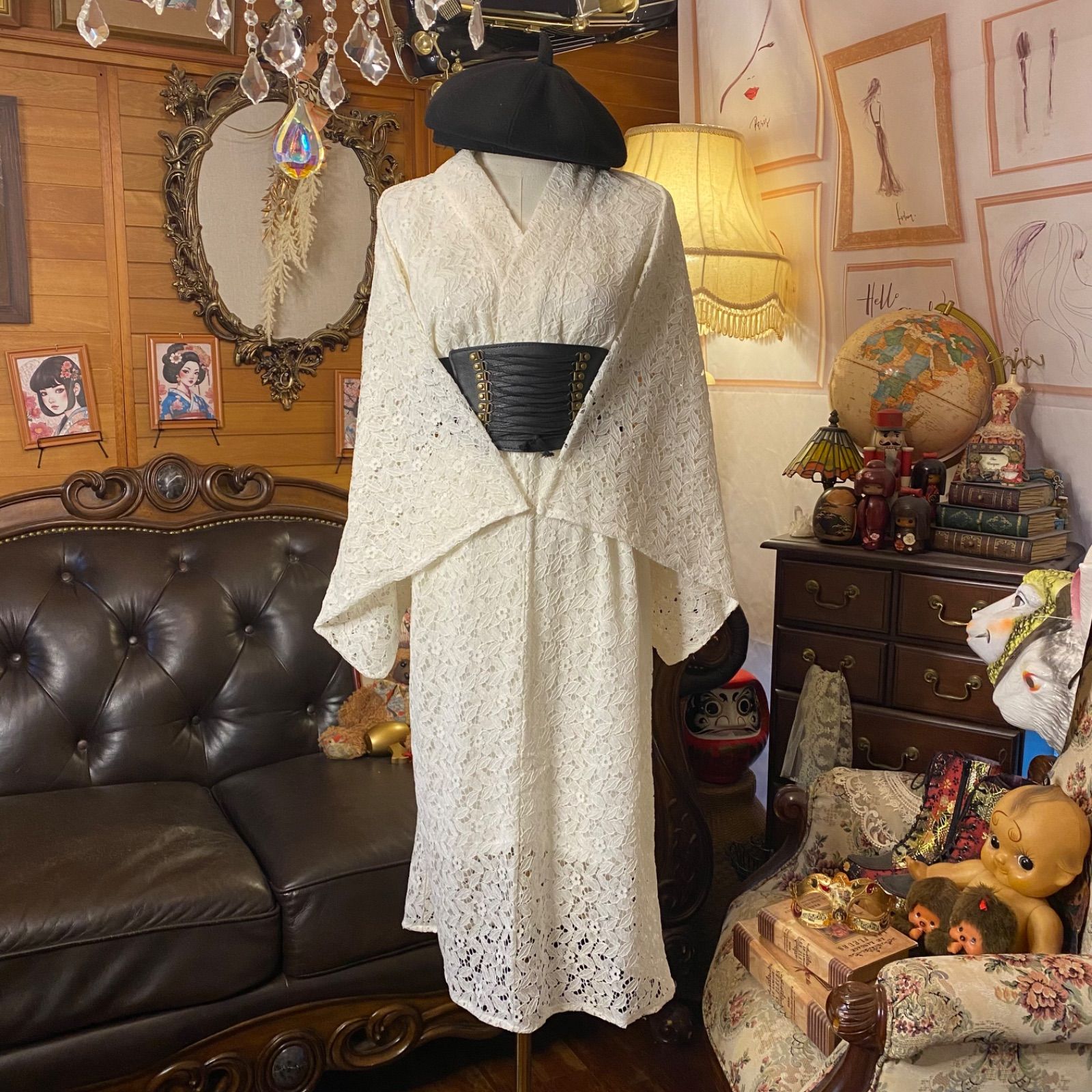 和洋折衷 総レース浴衣 リメイク セミロング丈 ワンピース ドレス 和ロリータ アイボリー系 LW-4