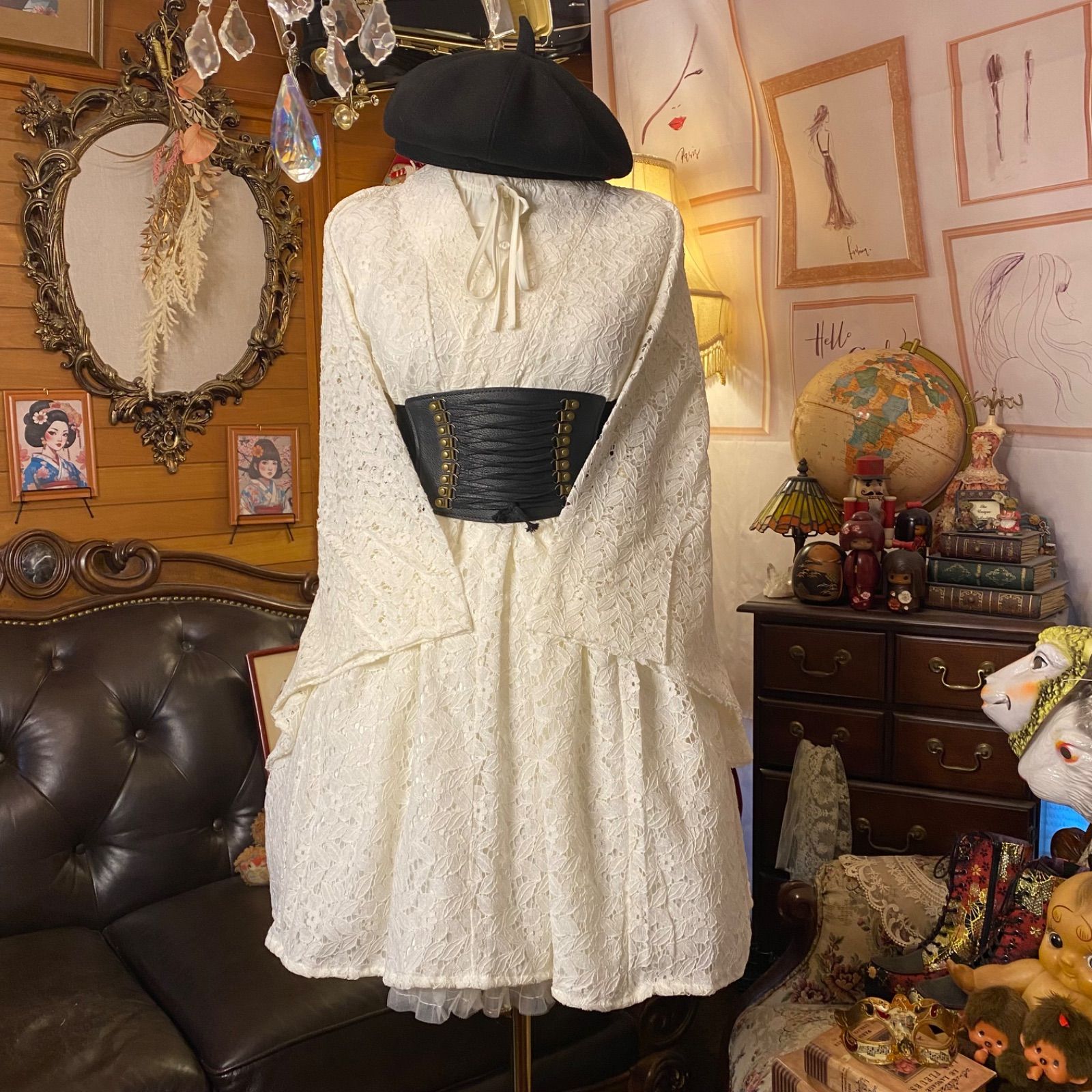 和洋折衷 総レース浴衣 リメイク ミニ丈 ワンピース ドレス フリーサイズ アイボリー系 LW-6