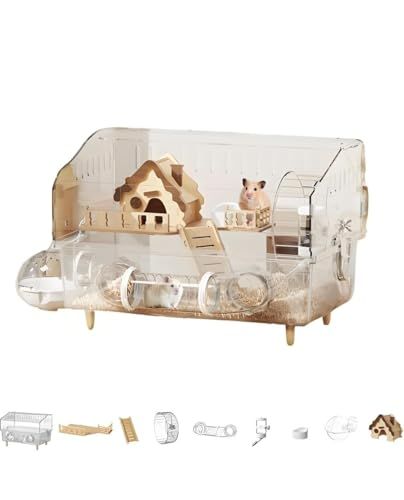 大型・透明 ハムスターケージ 2階建て アクリル製 観察しやすい ケージ - 木製ハウス、トンネル遊び場、給水器・エサ入れ付き 取り外し可能で掃除簡単po 7172f3b4