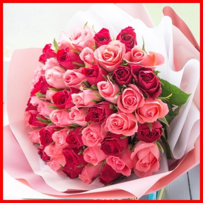 数量 フラワーキッチン 50本の花束 レッド＆ピンク のミックス ラッピング バイカラー