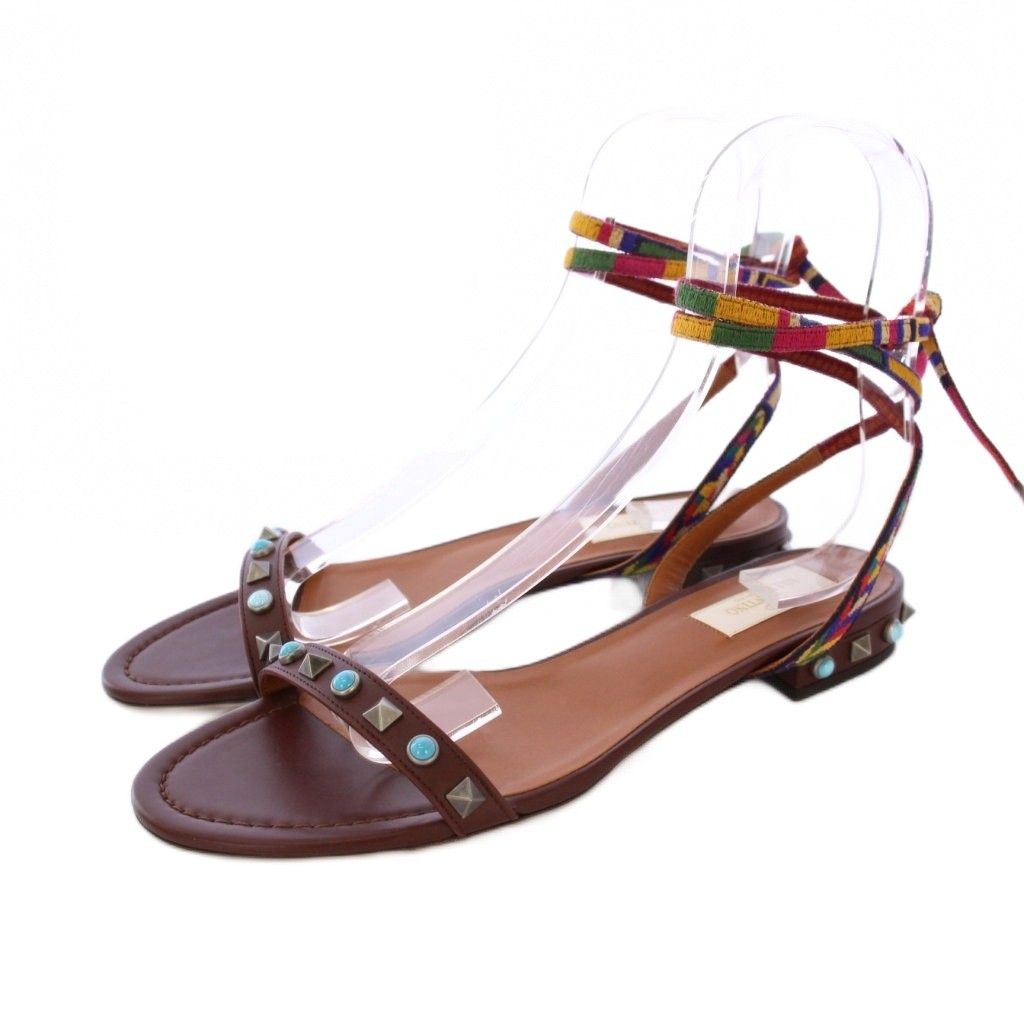 ヴァレンティノ ガラヴァーニ サンダル スタッズ レースアップ ローヒール 38 茶 |KH
