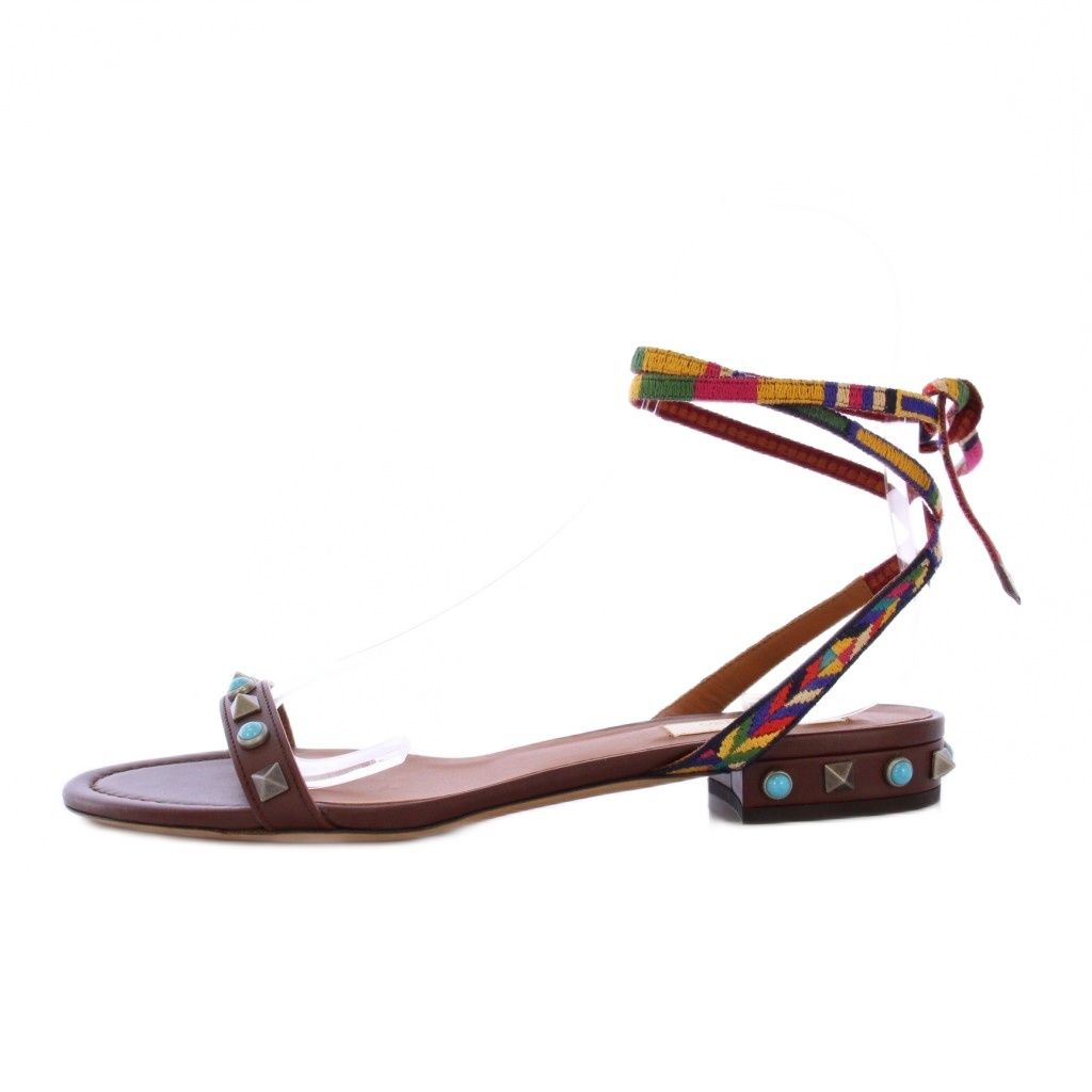 ヴァレンティノ ガラヴァーニ サンダル スタッズ レースアップ ローヒール 38 茶 KH