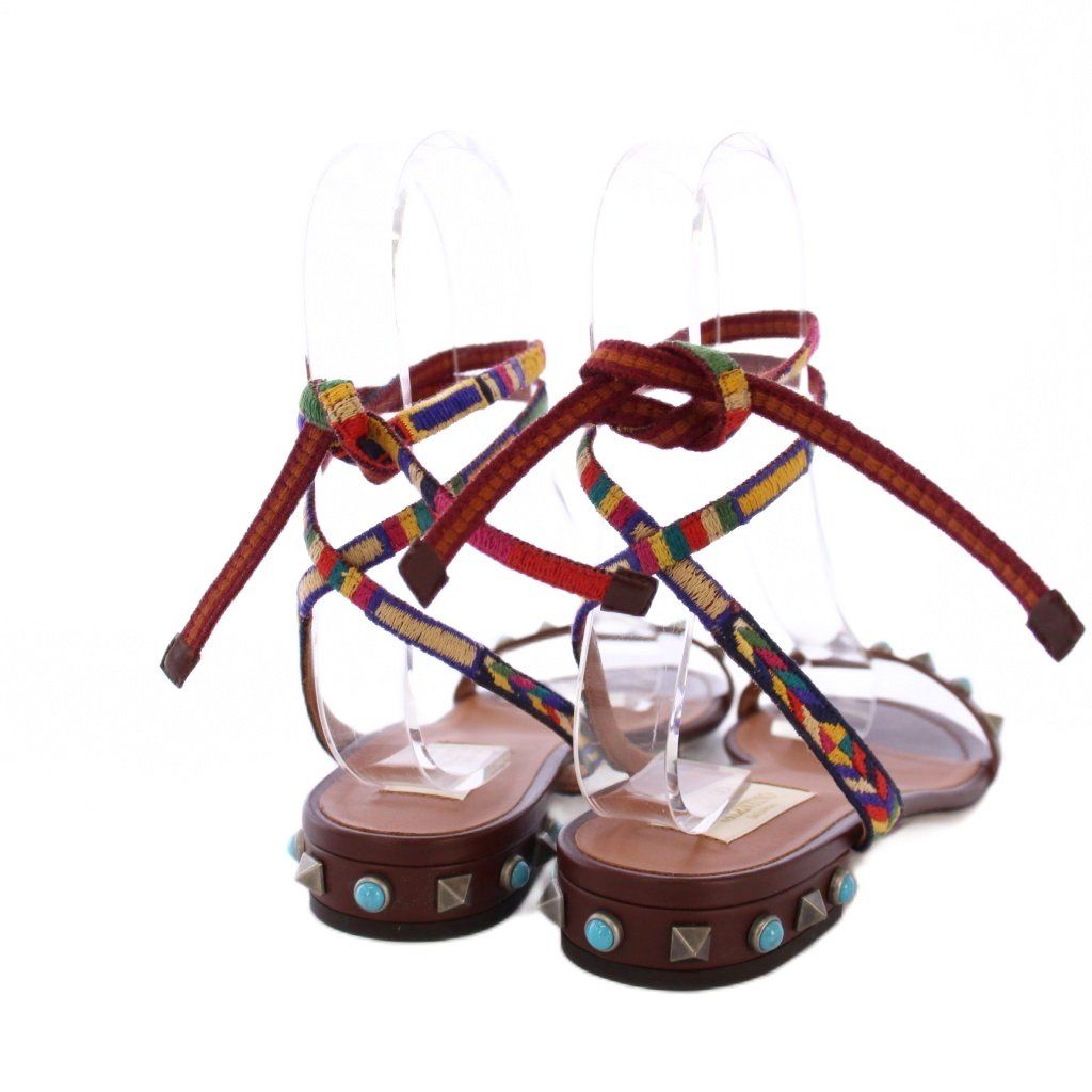  ヴァレンティノ ガラヴァーニ サンダル スタッズ レースアップ ローヒール 38 茶 KH サンダル サンダル ミュール