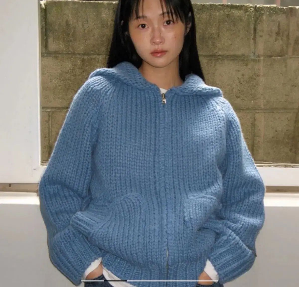 RONRON ロンロン ショール KARA カラ ハンドメイド ニット ジップアップ ダスティー ブルー