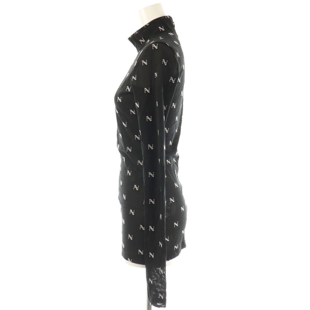  ヘンネ HAENGNAE KISHIMEN TOPS ハイネックトップス F 黒 ブラック 白 ホワイト ロゴ総柄 シアー メッシュ CX OS 長袖 Tシャツ カットソー