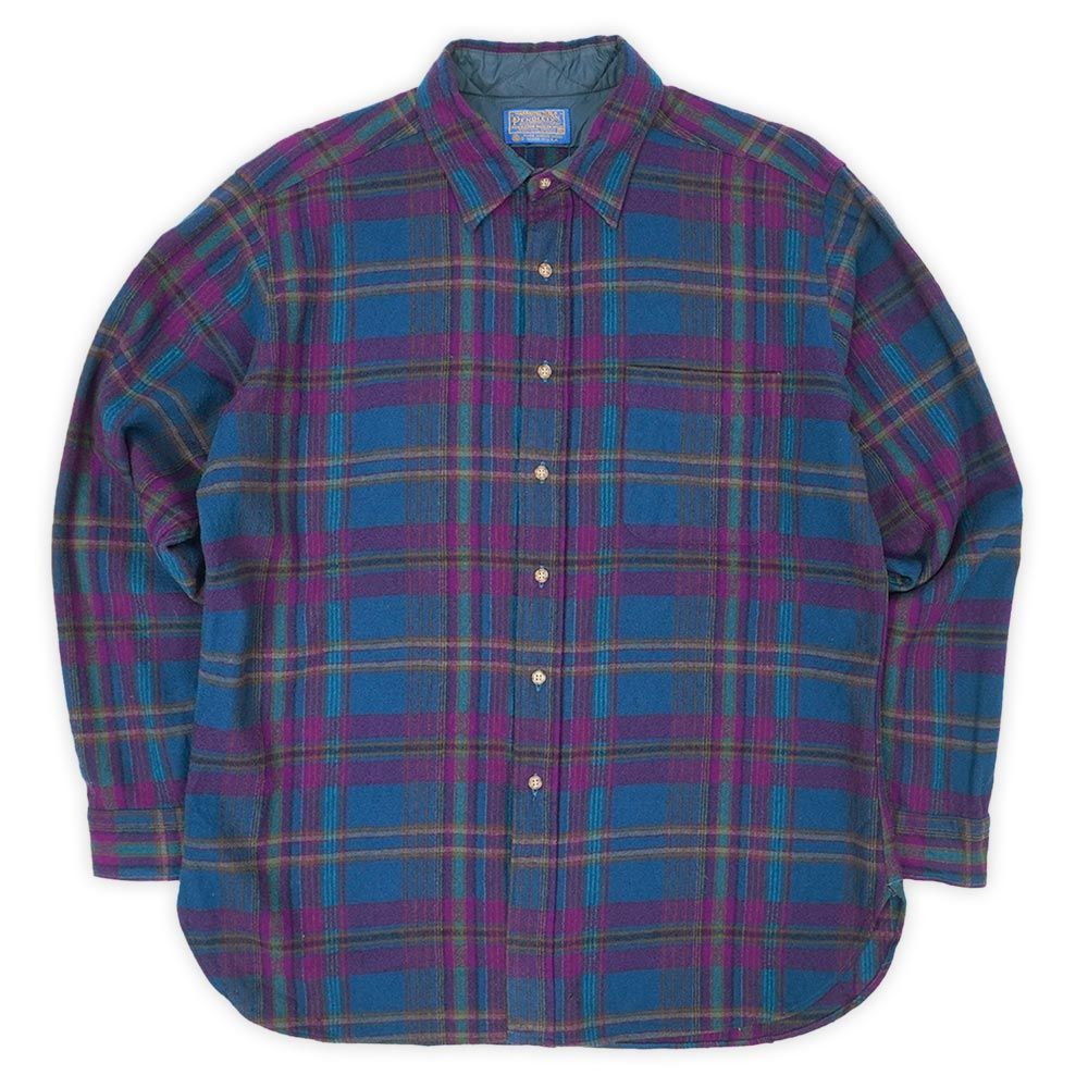 ペンドルトン PENDLETON 70s 70年代 レギュラーカラー ウールシャツ MADE IN USA アメリカ製 ヴィンテージ 古着 メンズ ボードシャツ ブルー系 チェック柄 XL【】