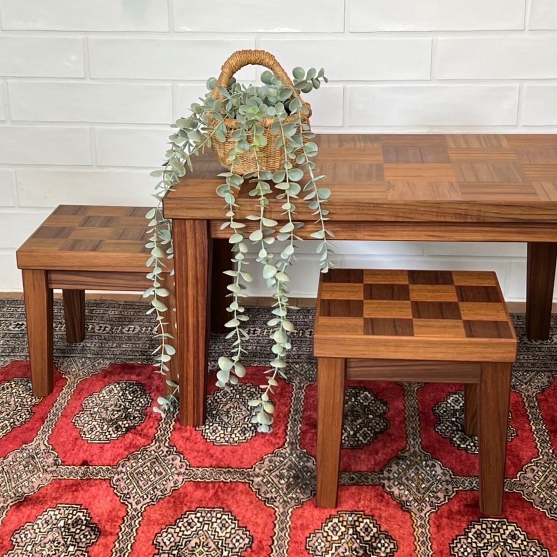 市松模様木製ミニテーブルセット 椅子２脚付 チークタイプとチークホワイトアッシュタイプの２種類