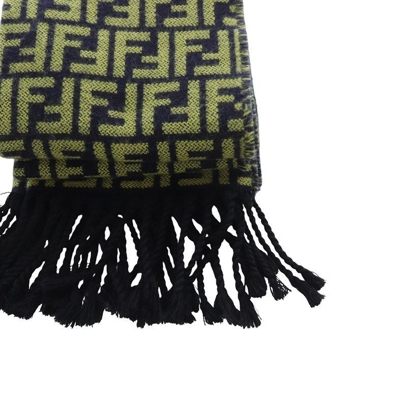 フェンディ FENDI ズッカ柄 ウール マフラー 紺 ネイビー 黄色