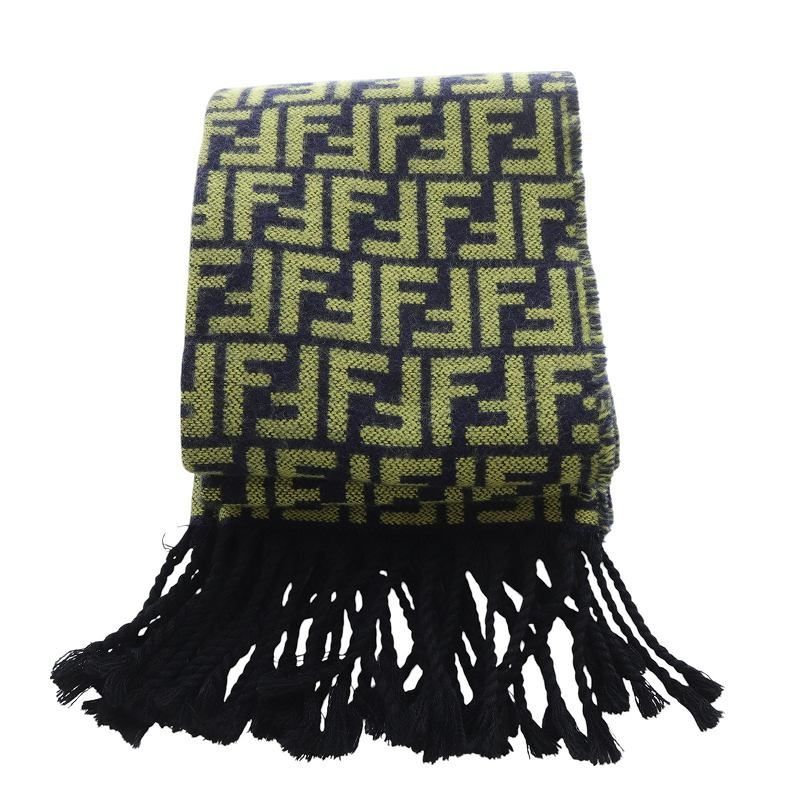 フェンディ FENDI ズッカ柄 ウール マフラー 紺 ネイビー 黄色