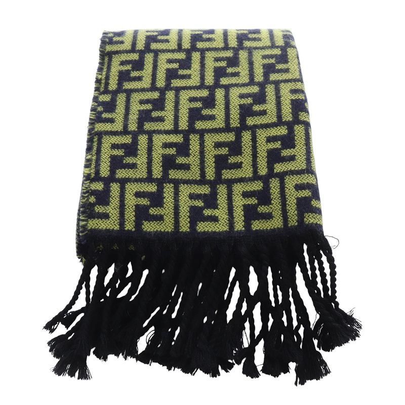 フェンディ FENDI ズッカ柄 ウール マフラー 紺 ネイビー 黄色
