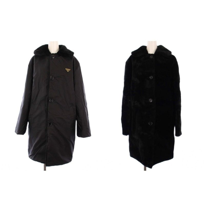 【中古】プラダ PRADA 24AW RE-NYLON リバーシブル ロングコート アウター シープスキンファー 36 黒 56A162 プラダ PRADA 24AW RE-NYLON リバーシブル ロングコート アウター