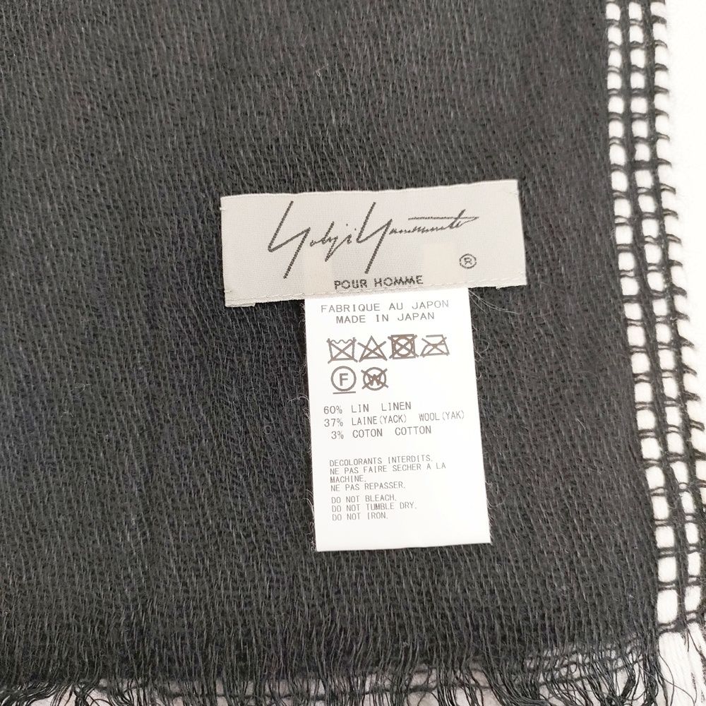  Yohji Yamamoto POUR HOMME ウール ヤク フリンジ マフラー HC-L 03-360 大判 無地 ストール ブラック メンズ ヨウジヤマモトプールオム 5-1125 T マフラー 小物