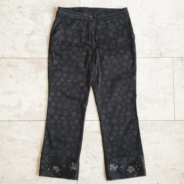 伊太利屋 GK 総柄 コットン 切替デザイン パンツ 刺繍 7 日本製 黒