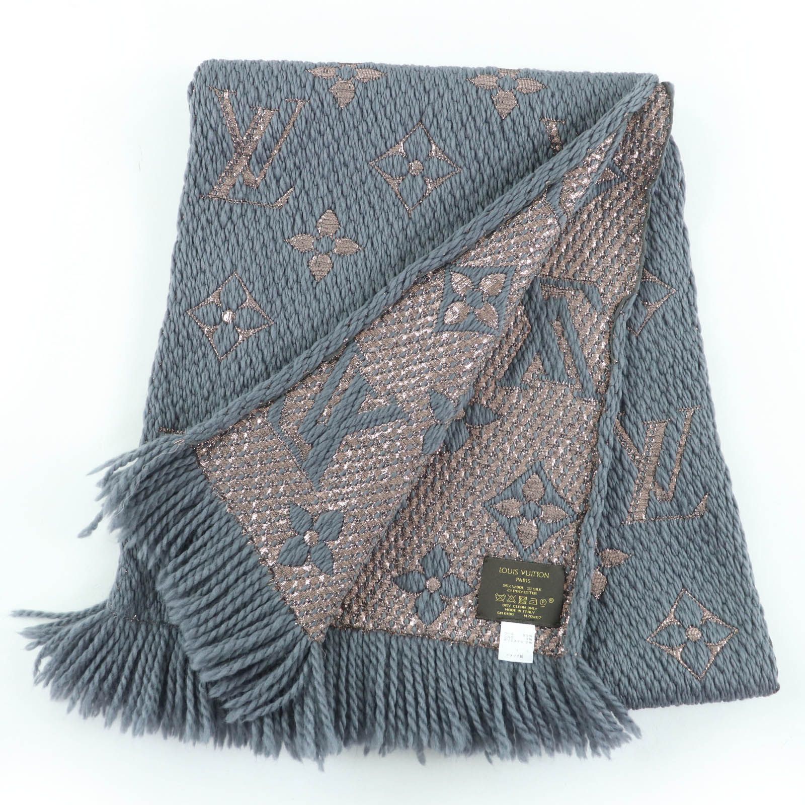LOUIS VUITTON ルイヴィトン M 70467 エシャルプロゴマニアシャイン ウール シルク グリ フリンジ付 マフラー イタリア製 レディース