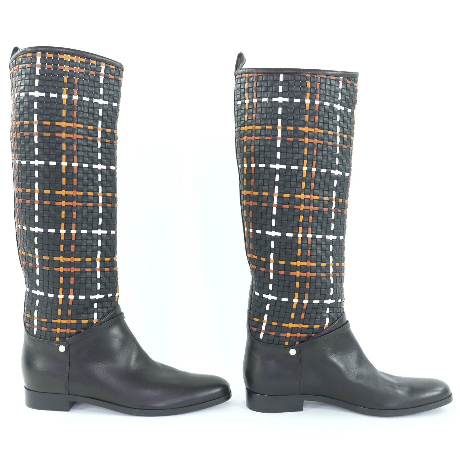 極美品◇HERMES エルメス シルバー金具 セリエボタン 編み込みデザイン レザー ロングブーツ 黒 37.5 保存袋付き イタリア製 レディース 極美品◇HERMES エルメス シルバー金具 セリエボタン 編み込みデザイン