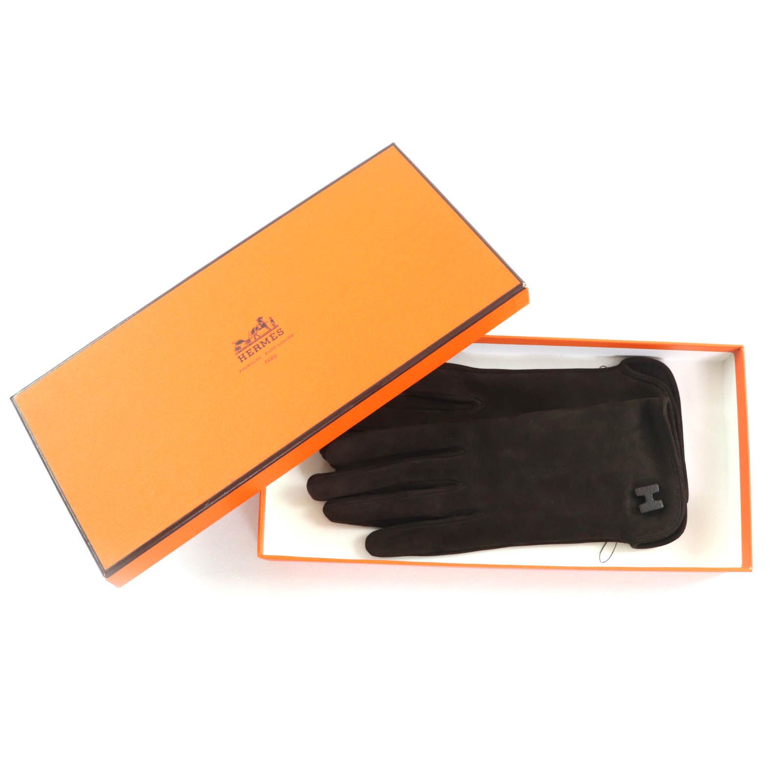 HERMES エルメス ラムスキン Hモチーフ レザーグローブ 手袋 ダークブラウン 7 き フランス製 レディース