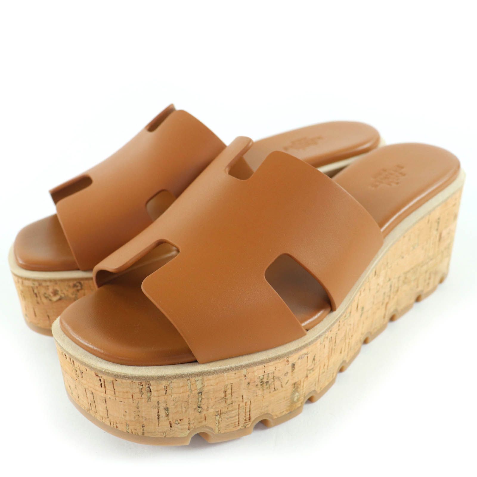 HERMES エルメス エズ30 カーフレザー Hロゴ プラットフォーム サンダル ナチュラル 38 箱 保存袋付き レディース 定価139 700円