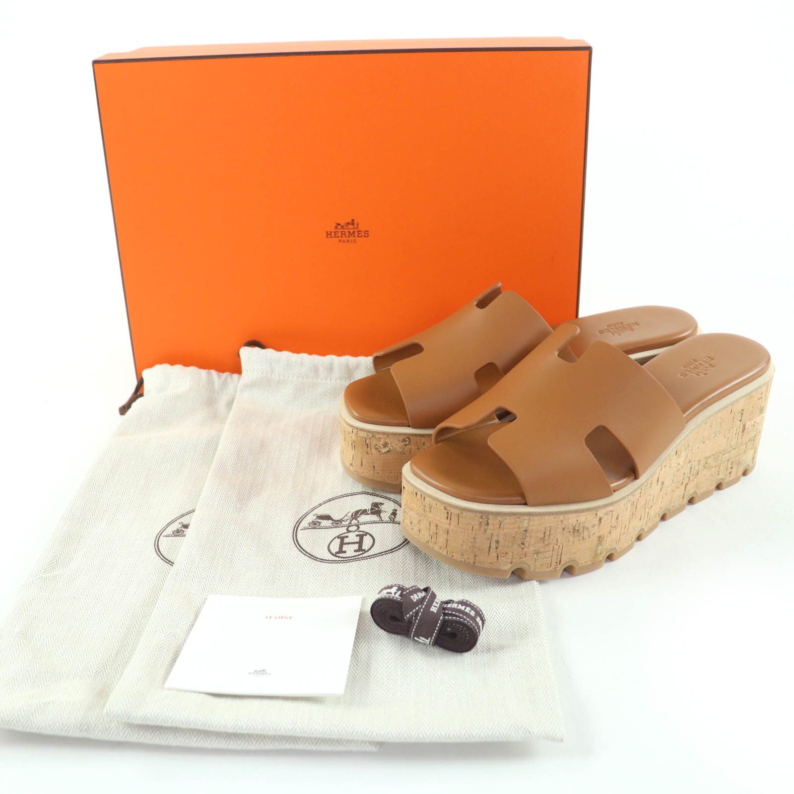 HERMES エルメス エズ30 カーフレザー Hロゴ プラットフォーム サンダル ナチュラル 38 箱 保存袋付き レディース 定価139 700円