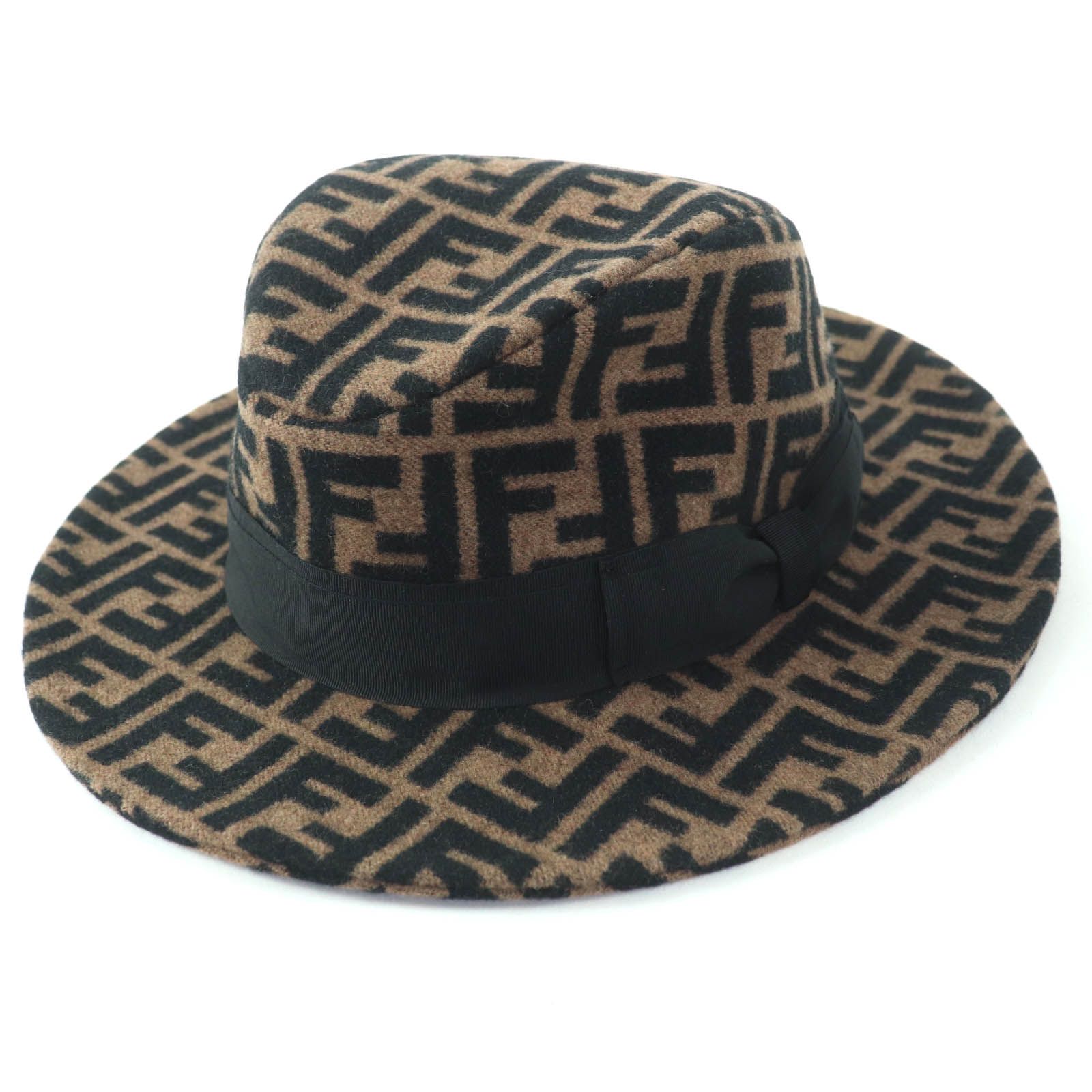 FENDI フェンディ ウール カシミヤ シルク混 ズッカ柄 フェルトハット 中折れ ハット ブラウン S イタリア製 レディース