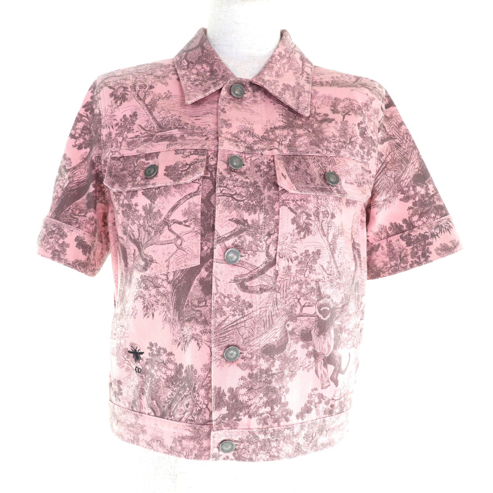 Christian Dior クリスチャンディオール コットン100％ ロゴボタン付 BEE刺繍入り 総柄 ショートスリーブ デニムジャケット ピンク 40 ハンガー付き イタリア製 レディース
