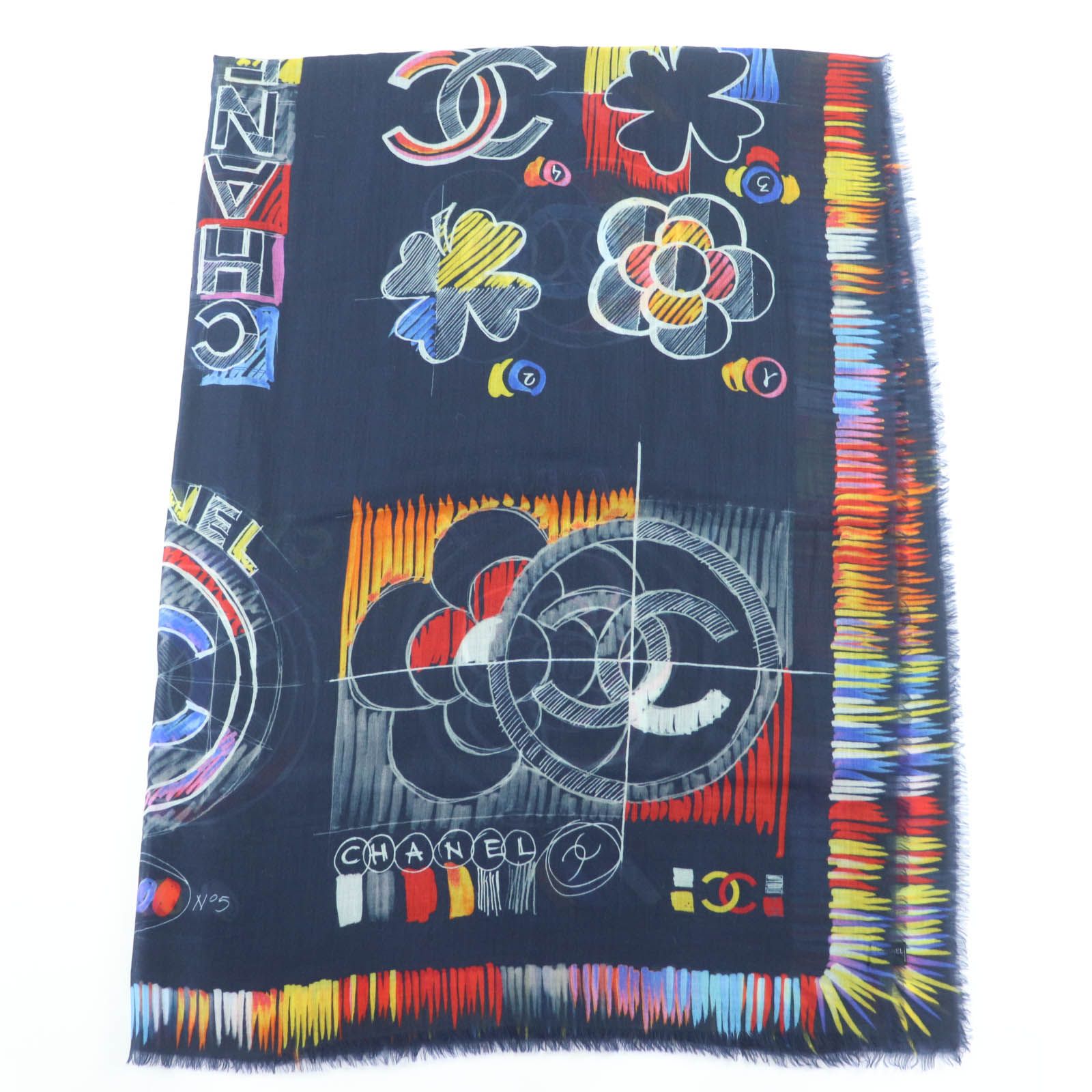 極美品☆CHANEL シャネル 19P カシミヤ100％ ココマークロゴ総柄