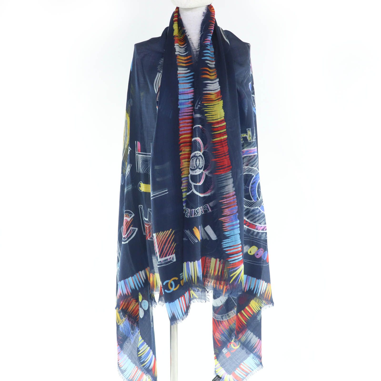 極美品☆CHANEL シャネル 19P カシミヤ100％ ココマークロゴ総柄