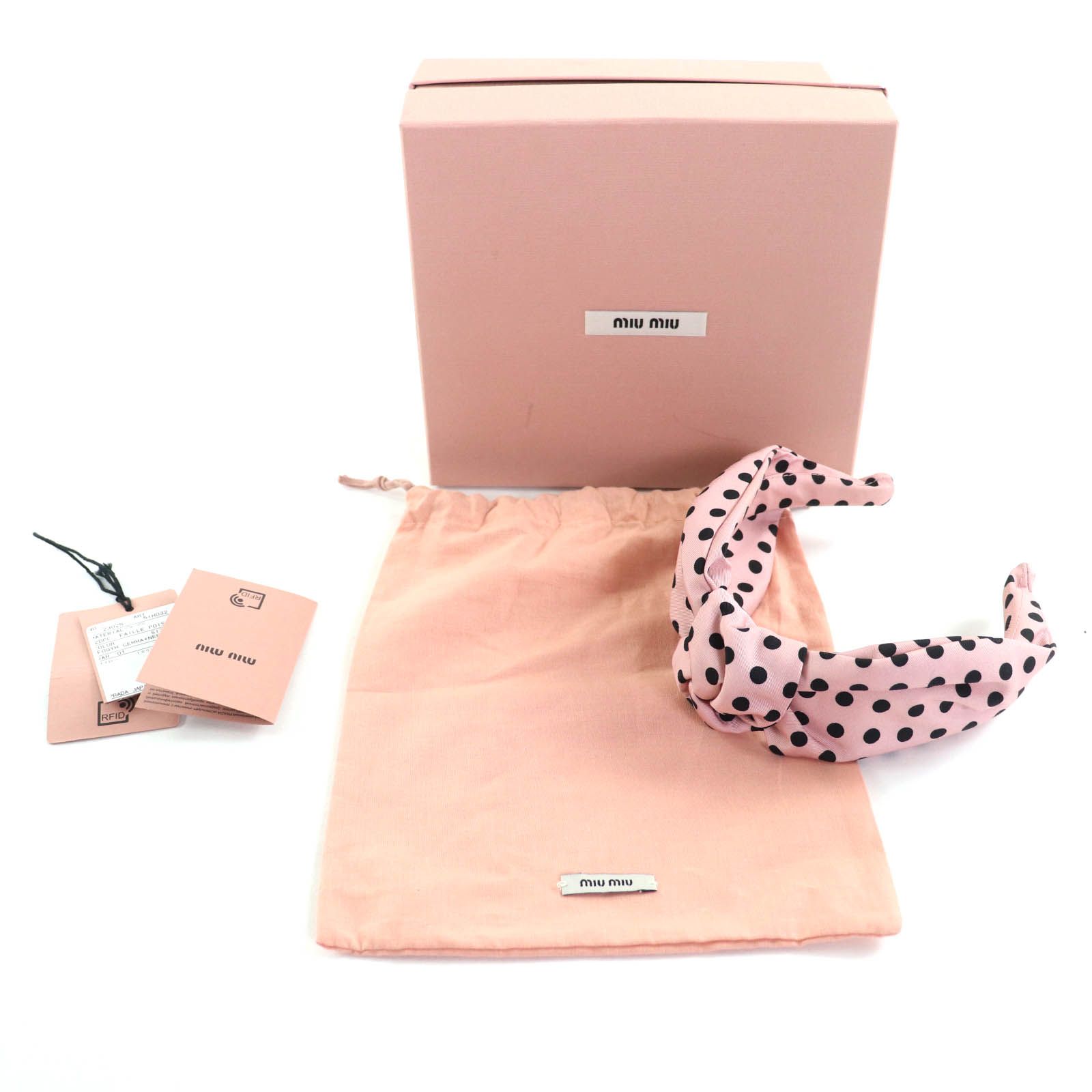 Miu ミュウ 5 IH 032 ロゴ刺繍 ドット柄 リボン カチューシャ ヘア ピンク ブラック 保存袋付き レディース