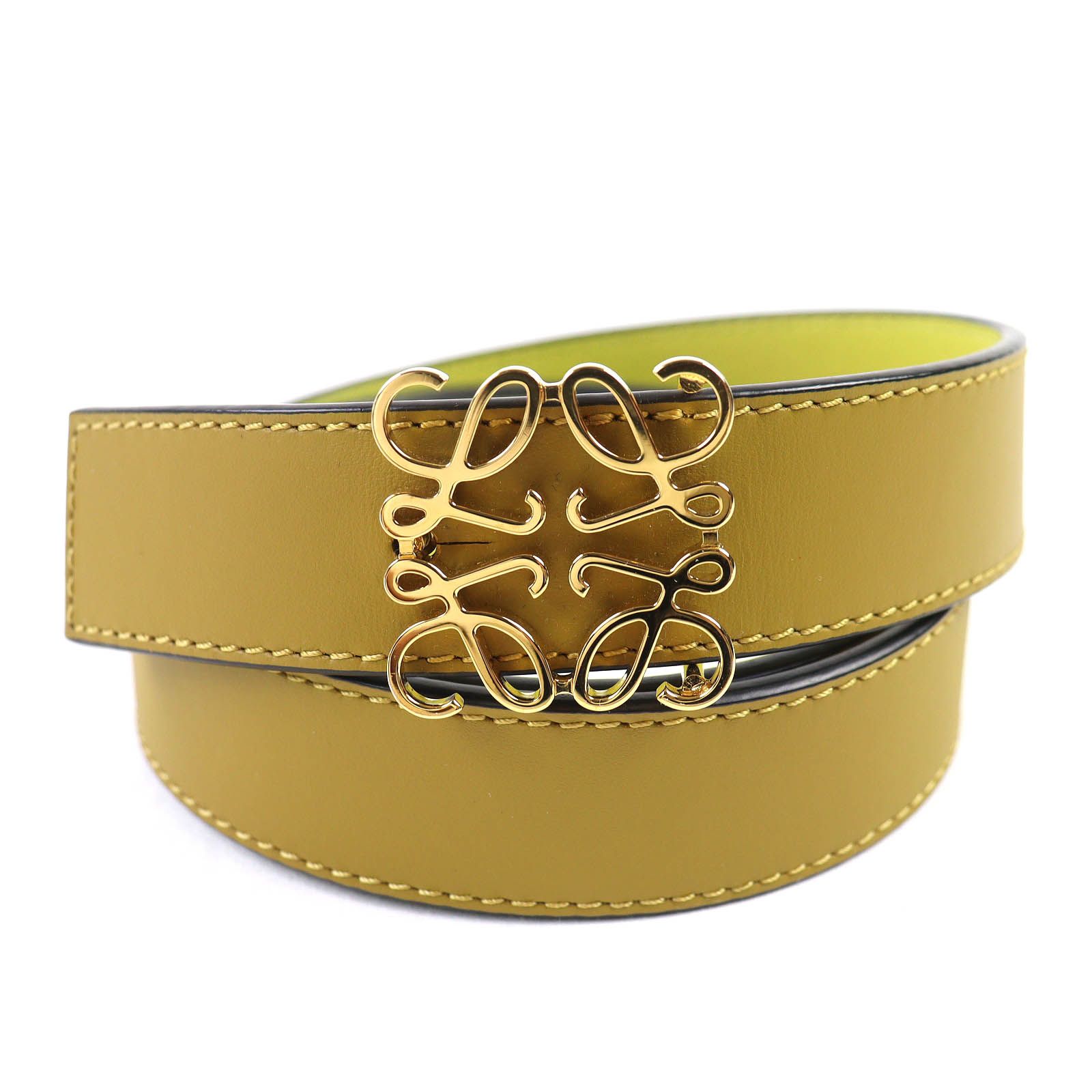 △LOEWE ロエベ 832213 アナグラムバックル レザー ベルト オリーブグリーン イエロー ゴールド金具 80|32 箱 保存袋付き スペイン製 レディース