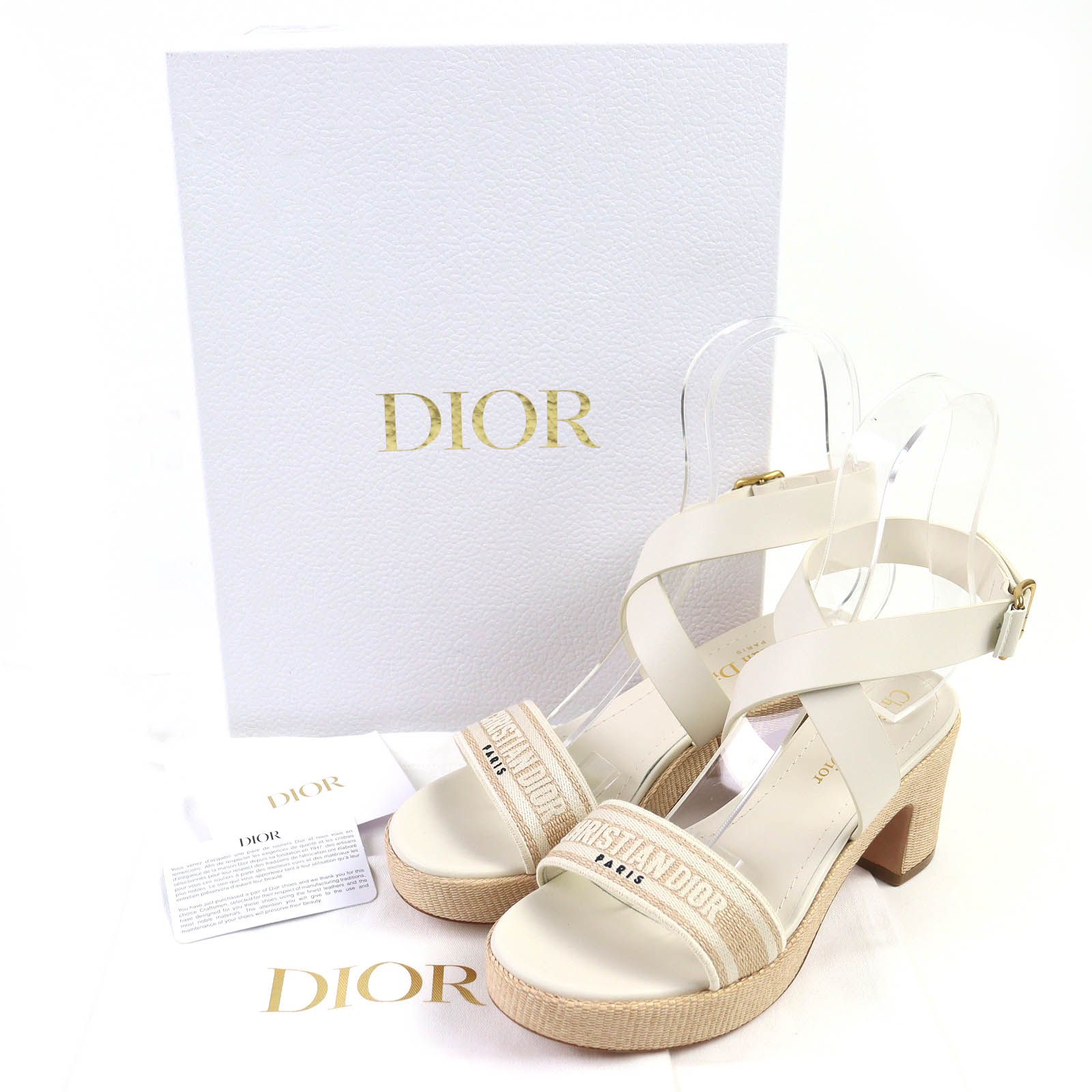 Christian Dior クリスチャンディオール DWAY レザー アンクルストラップ付き ロゴキャンバス サンダル ベージュ 36 き イタリア製 レディース