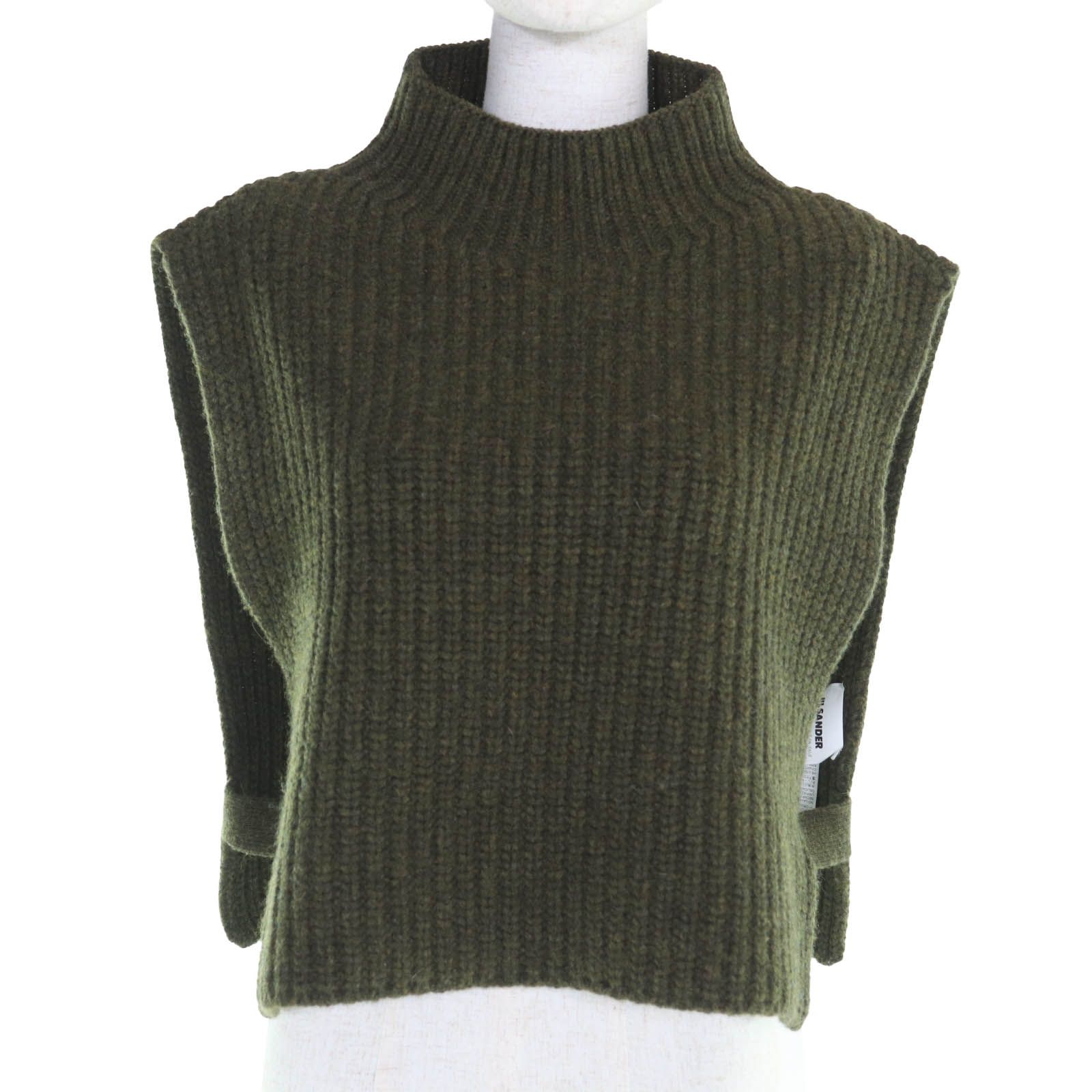 JIL SANDER ジルサンダープラス ウール カシミヤ クロップド丈 ハイネック ニットベスト カーキ Mサイズ相当 イタリア製 レディース