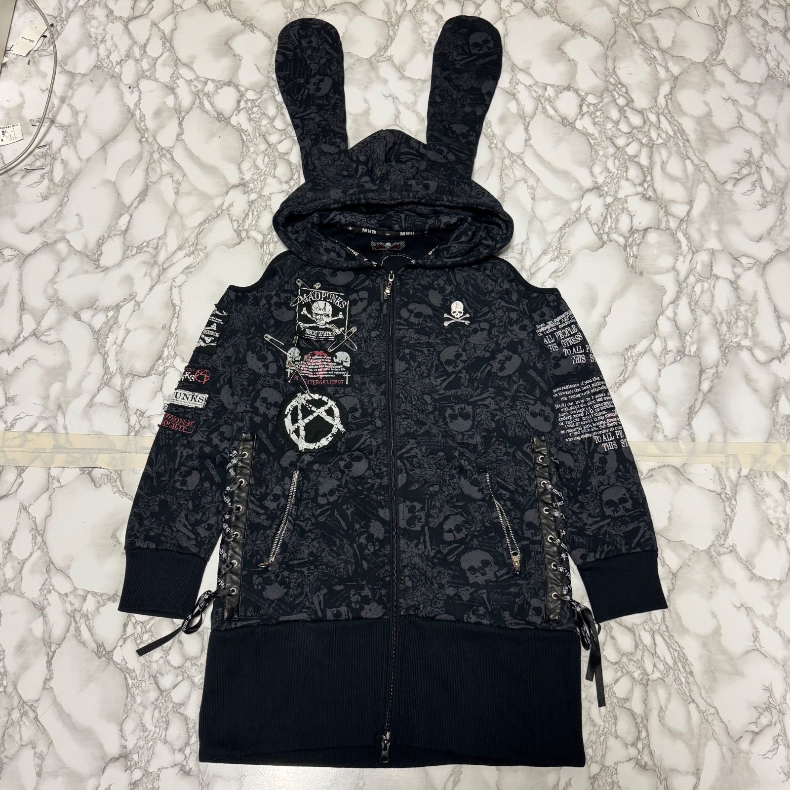 希少【MAD PUNKS マッドパンクス 【うさ耳】スカル 総柄/パッチワーク