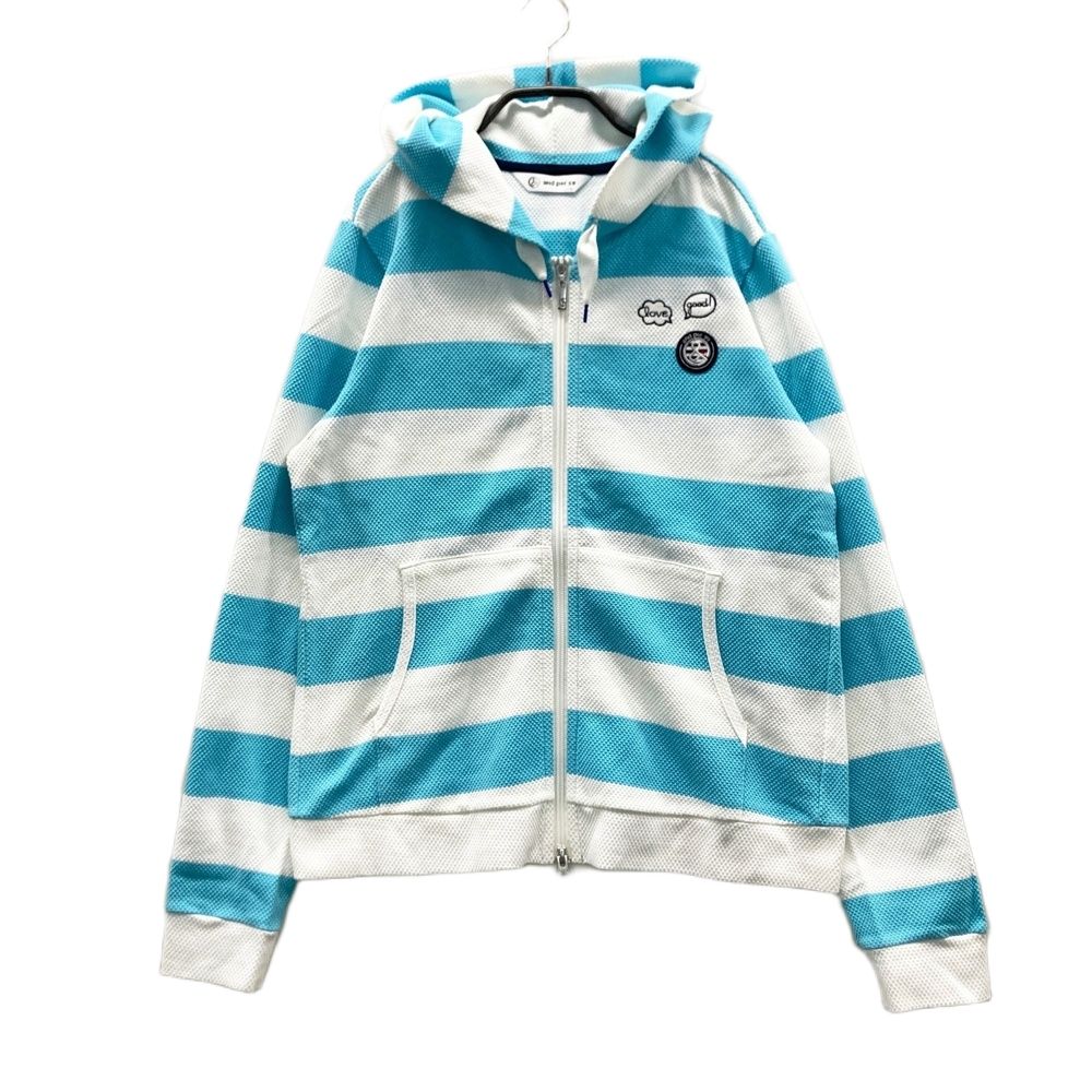 サイズ L AND PER SE アンパスィ フード付 ジップジャケット ワッペン ボーダー柄 ブルー系 ゴルフウェア レディース ストスト