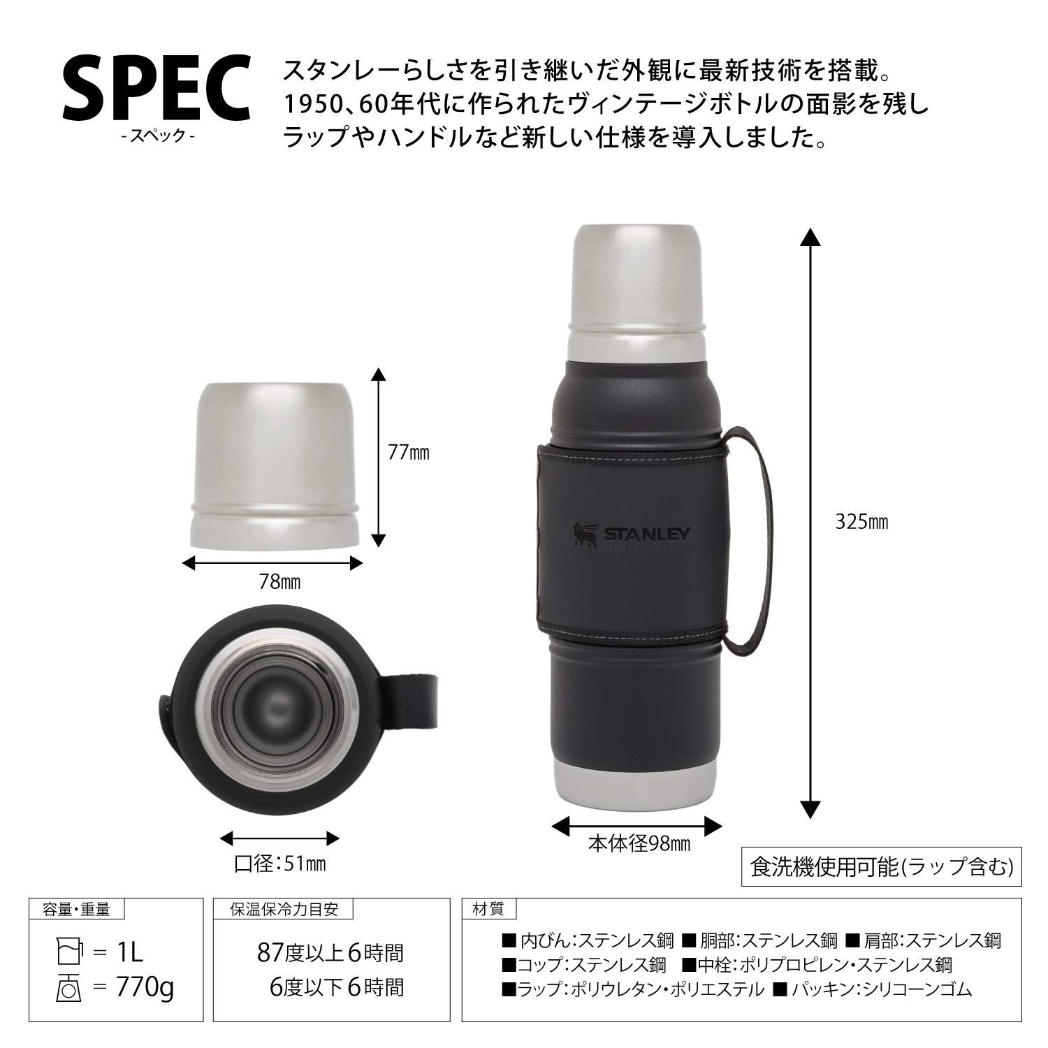 廃盤 STANLEY スタンレー レガシー真空ボトル 1 L マットブラック 保冷 保温 ステンレスボトル ウォーターボトル アウトドア 保証 09841-005 日本