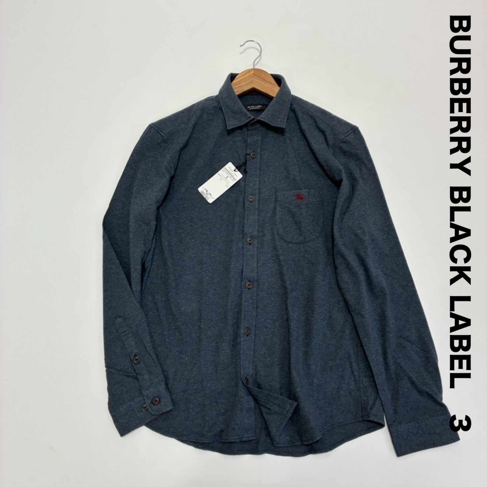 BLACK LABEL バーバリーブラックレーベル 起毛暖かいストレッチブラウス シャツ 3 ブルー系 胸刺繍