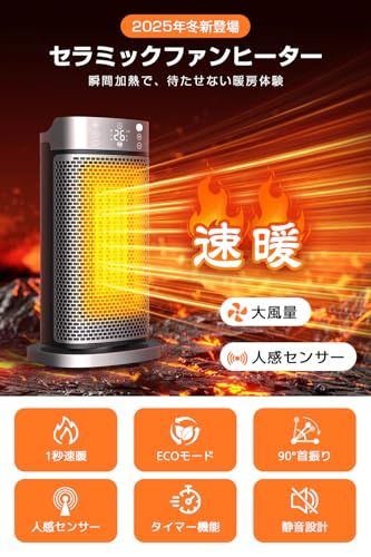 セラミックファンヒーター 2025冬新登場 1秒速暖 AI自動制御 省エネ 大風量 1200 W 首振り 電気ストーブ 人感センサー 低騒音 3段階温度調整 立体送風 暖房 節電 12 hタイマー 高濃度マイ 37 c 6828 f