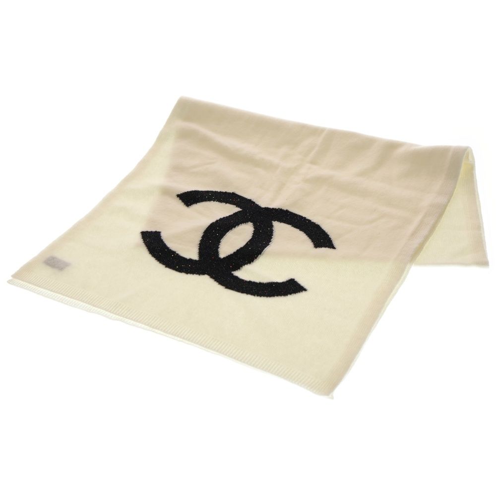 CHANEL シャネル ココマーク スパンコール カシミヤニットマフラー 大判 ホワイト
