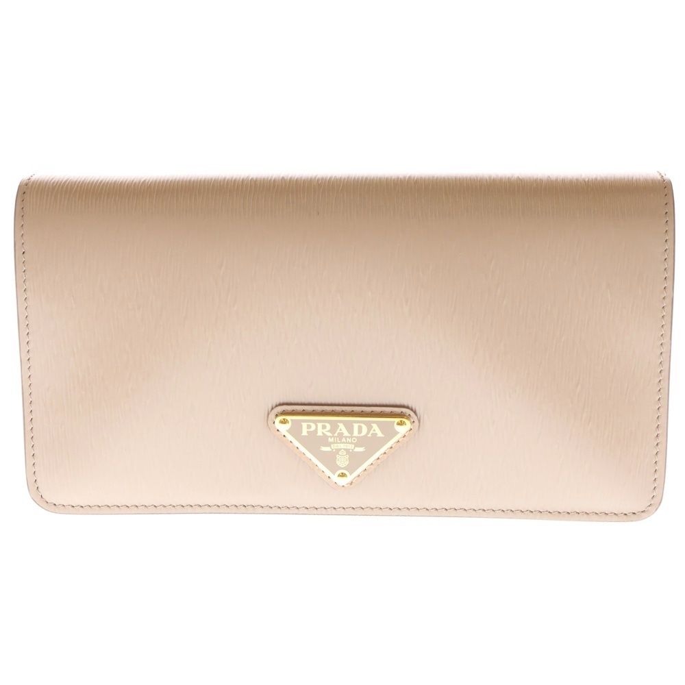 PRADA プラダ ロゴプレート チェーンショルダーバック チェーンウォレット ミニバッグ ピンクベージュ レザー 1 DH 044 ゴールド金具