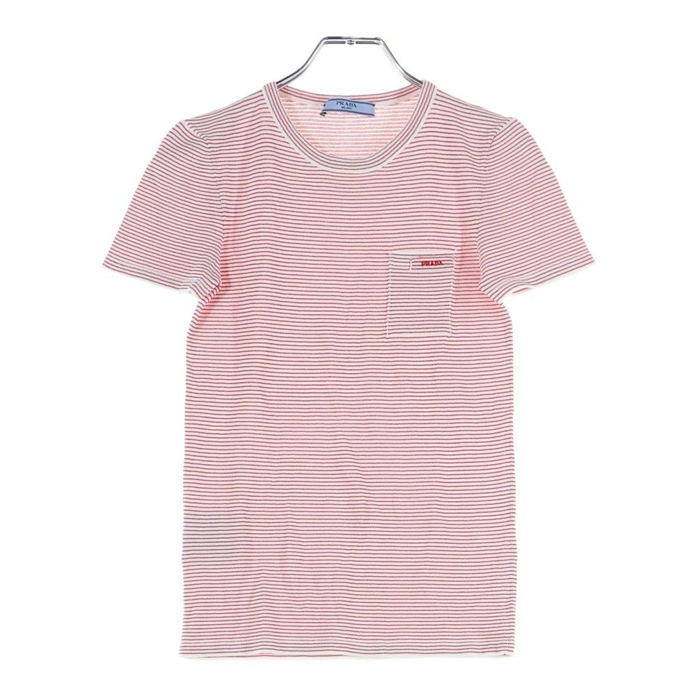 PRADA プラダ P 24 R 2 G ロゴ刺繍 スリムフィット ボーダー半袖Tシャツ カットソー レッド ホワイト