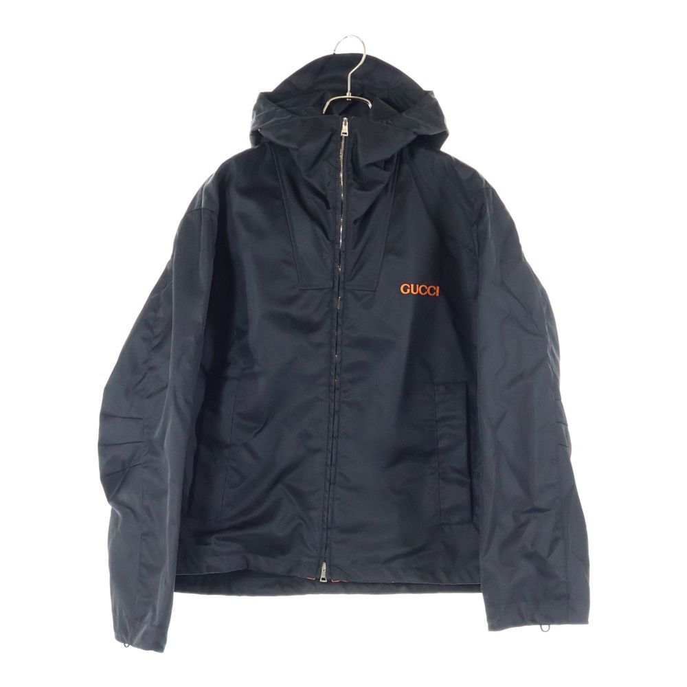 GUCCI グッチ 25 SS レザー ワッペンロゴ ナイロンツイル レイヤード フーデッド ジップアップ ジャケット ブラック オレンジ 804964